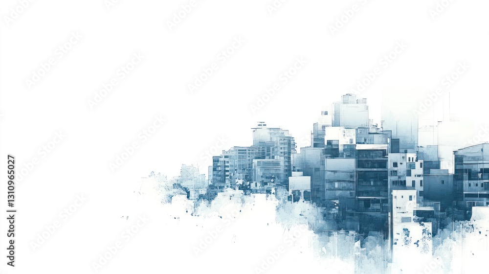 Obraz premium Cityscape watercolor painting, urban buildings, skyline, clouds, background, design