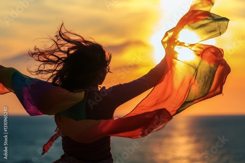 Elegant female face in the sunset dancing with a kite, kite fabric background.