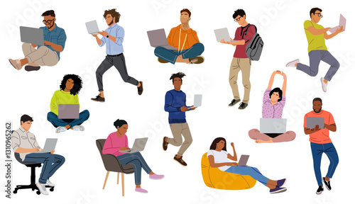 People using laptop set. Different men, women working online, surfing internet with computer, sitting on the office chair, bean bag armchair, on the floor, standing, walking. Vector isolated.