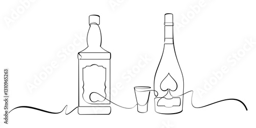 Bottle with shot glass in line art style.