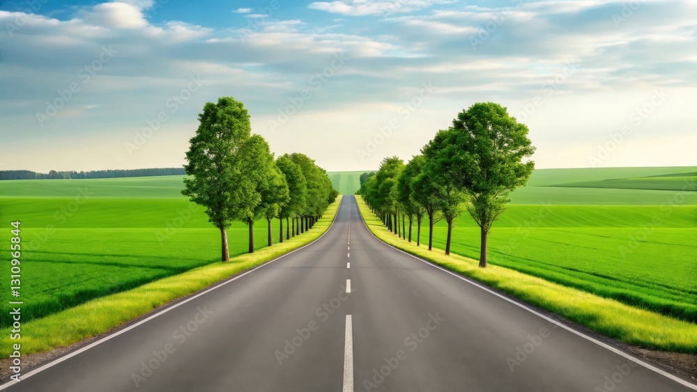 a scenic view of a straight road stretching into the distance, lined with trees and flanked by green fields, under a bright sky a scenic view of a straight road stretching into the distance, lined with trees and flanked by green fields, under a bright sky