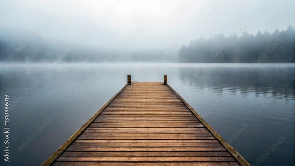 Fototapeta premium a wooden pier extending into a misty lake, with a forest on the horizon 