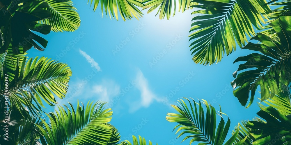 Fototapeta premium Vibrant green palm leaves framing a clear blue sky with fluffy clouds above.