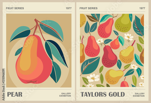 Pear background, pattern, Fruit Market retro poster. Vector hand drawn illustrations of pear fruits with flowers and leaves for modern kitchen wall art, cover, card, textile, packaging design. 