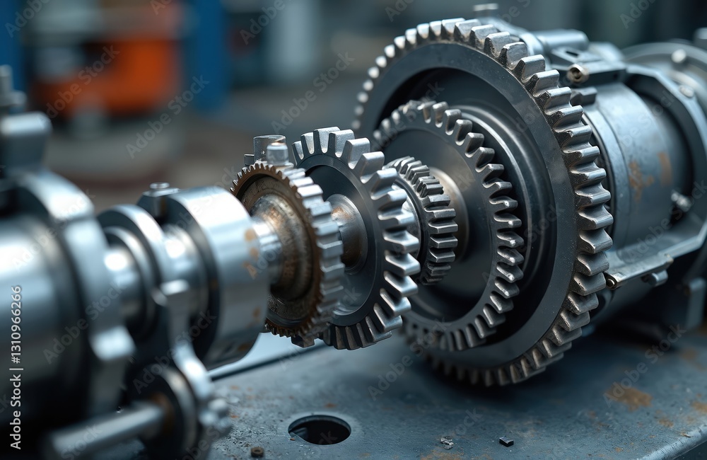 Closeup of disassembled automatic transmission gear part on workbench in garage. Car service station for fix, maintenance. Vehicle detail with complex industrial mechanism. Repair equipment Closeup of disassembled automatic transmission gear part on workbench in garage. Car service station for fix, maintenance. Vehicle detail with complex industrial mechanism. Repair equipment