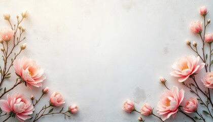 Pastel pink flower frame on white textured background. Floral border with spring bloom, light petals design. Elegant backdrop for invitation or wedding. Decorative pastel blossom corner.