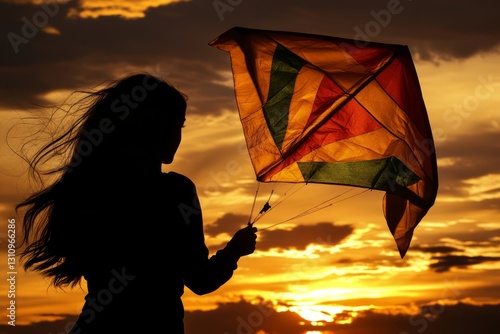 Elegant female face in the sunset dancing with a kite, kite fabric background.
