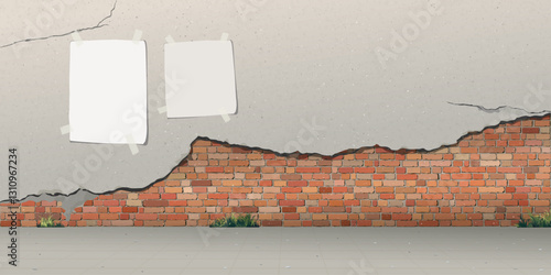The old cement wall has been plastered until the plaster has cracked and revealed the brick inside have blank poster with the sidewalk graphic illustration.