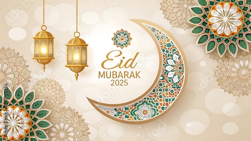 Eid Mubarak 2025 – Islamic Festive Greetings with Decorative Crescent and Lanterns