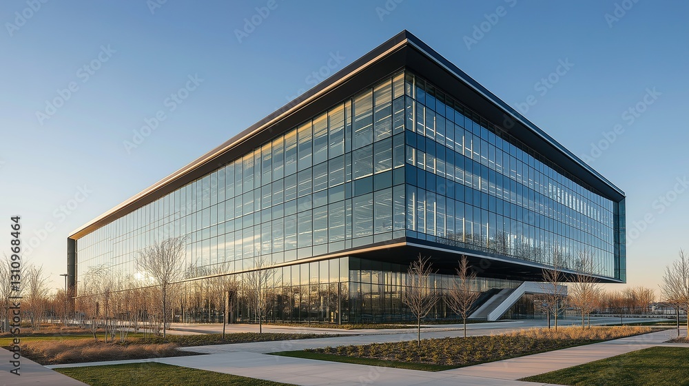 Obraz premium Modern glass and steel office building, symmetrical design, bathed in midday light, showcasing sleek architecture and urban professionalism.