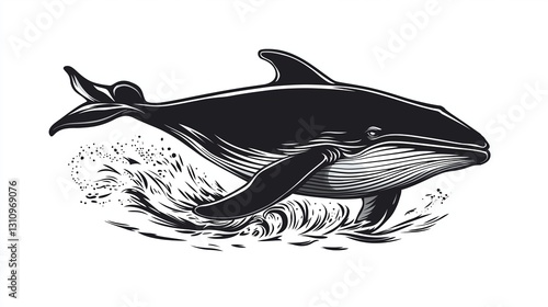 A monochrome whale emerging from an ocean with no background details