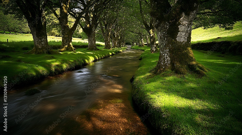 Naklejka premium Lush Green Trees Border a Flowing River through the Landscape