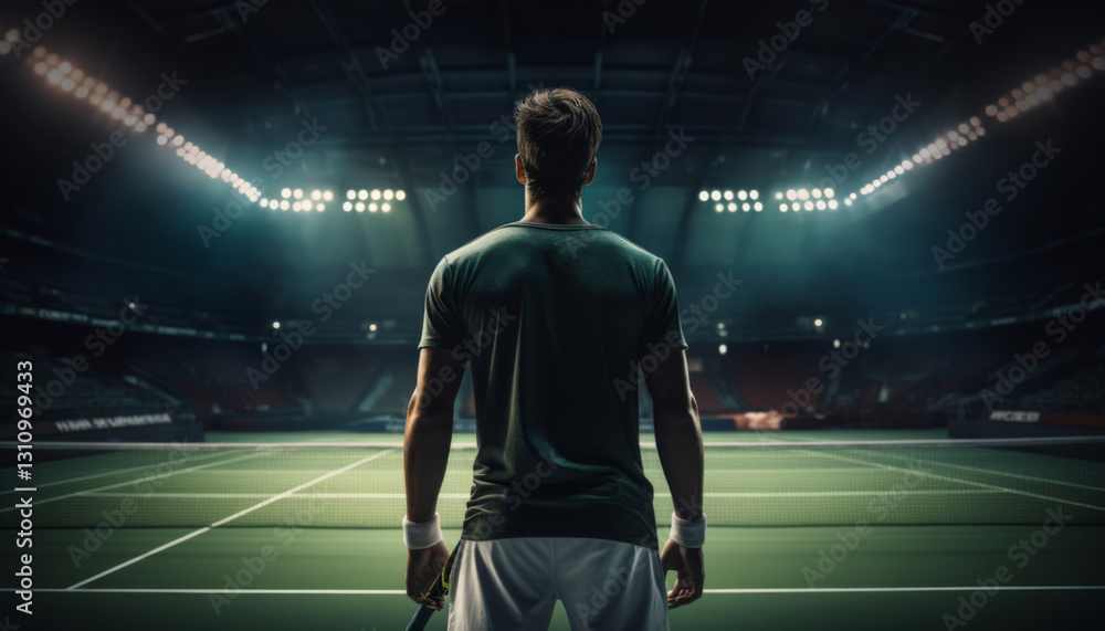 Fototapeta premium Image back view of a male tennis player with a tennis racket on the background of a tennis court with stands.