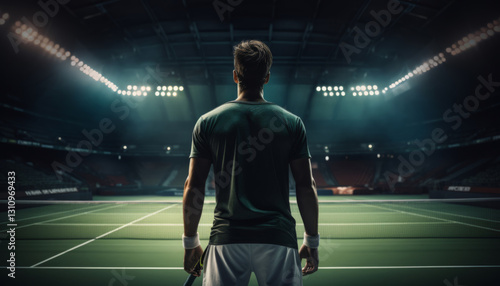 Image back view of a male tennis player with a tennis racket on the background of a tennis court with stands.