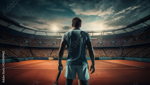 Image back view of a male tennis player with a tennis racket on the background of a tennis court with stands.
