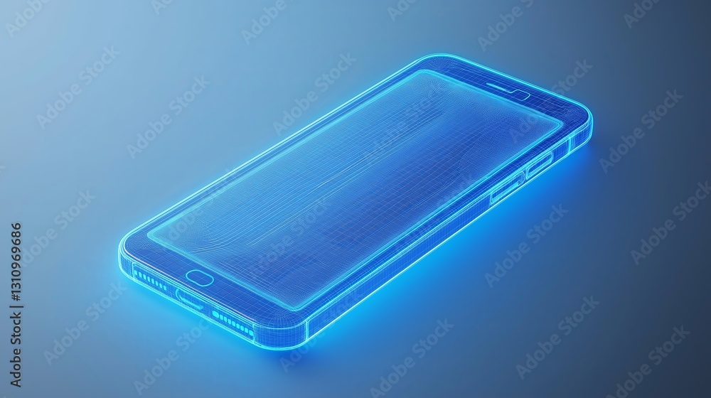 A neon blue wireframe of a smartphone on a gray gradient background A neon blue wireframe of a smartphone on a gray gradient background