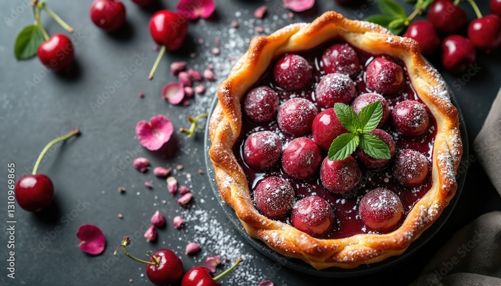 Top view of traditional french pie clafoutis with ripe cherries on black background. Tasty cherry tart sprinkled with sugar powder and decorated with mint leaves and rose petals. Summer dessert. Top view of traditional french pie clafoutis with ripe cherries on black background. Tasty cherry tart sprinkled with sugar powder and decorated with mint leaves and rose petals. Summer dessert.