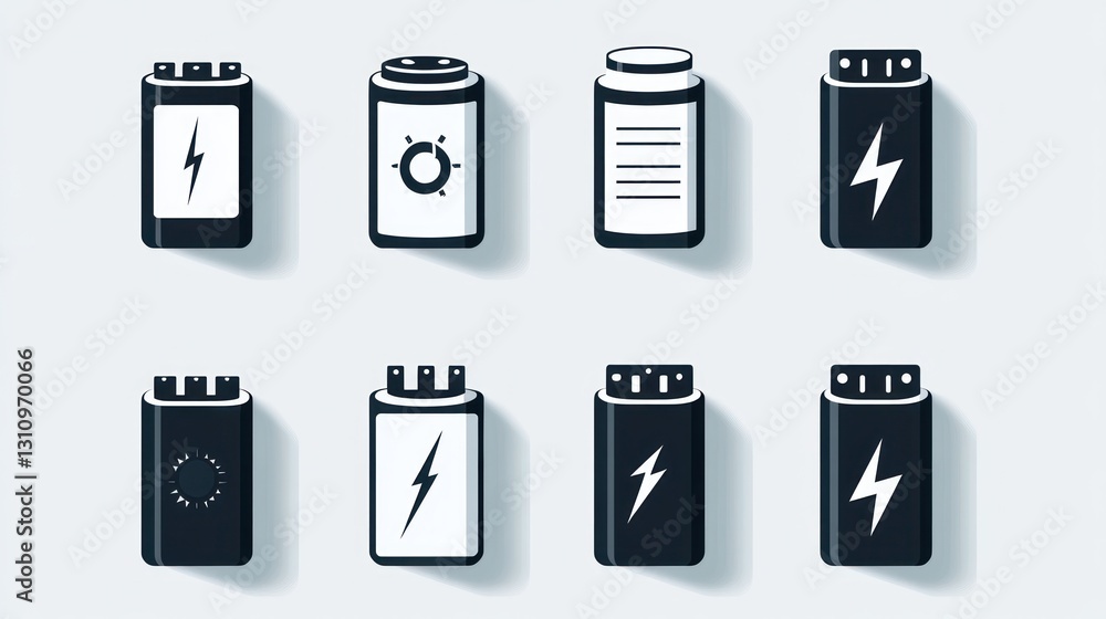 Eight capacitor icons; energy storage; design elements; website background Eight capacitor icons; energy storage; design elements; website background