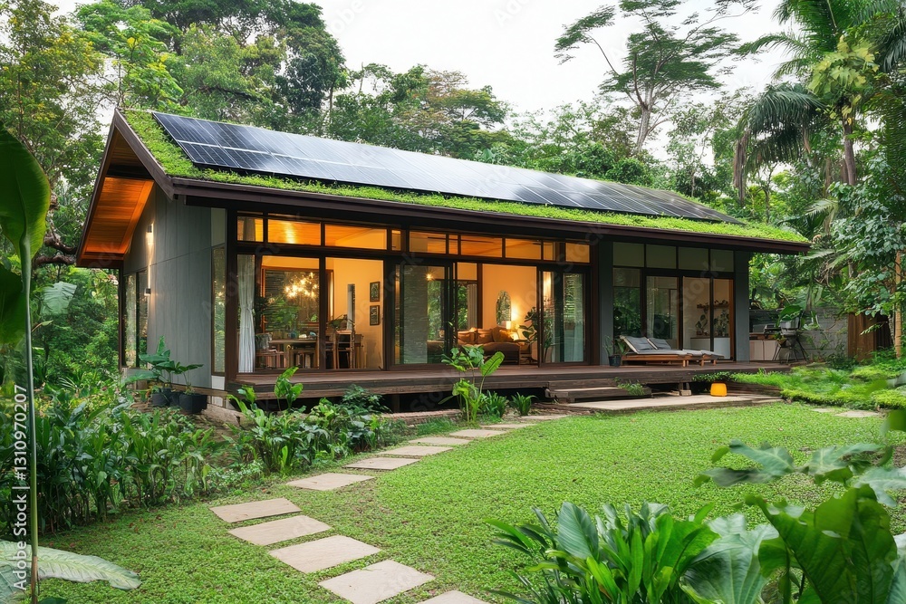 Fototapeta premium Modern eco-friendly house with solar panels and green roof. Ideal for articles about sustainable living, architecture, and green energy.