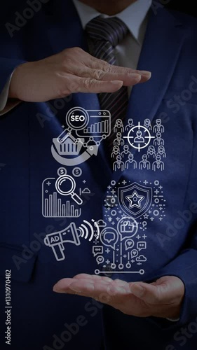 A business professional presents marketing and sales strategy in a business plan. The loop animation illustrates target audience, branding, SEO, social media, ads, sales funnel, and analytics.