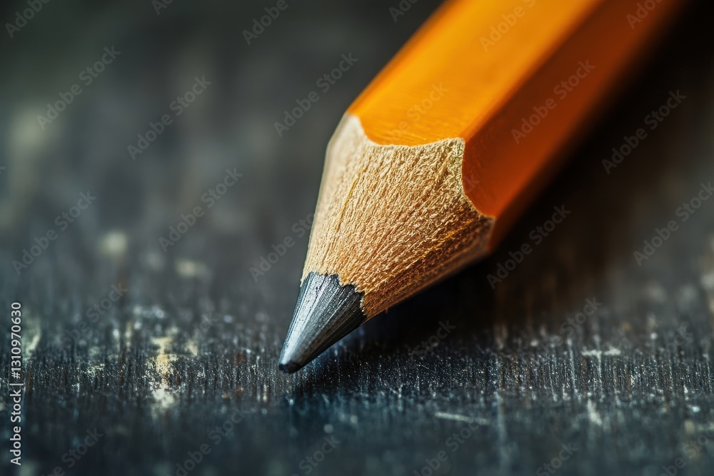 © Nyxoria - Close-up view of an orange pencil with a sharpened tip resting on a dark wooden surface
