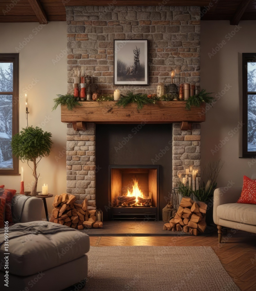 A cozy fireplace in a warm and inviting living room with stockings hung by the chimney, holiday ambiance, warm atmosphere A cozy fireplace in a warm and inviting living room with stockings hung by the chimney, holiday ambiance, warm atmosphere