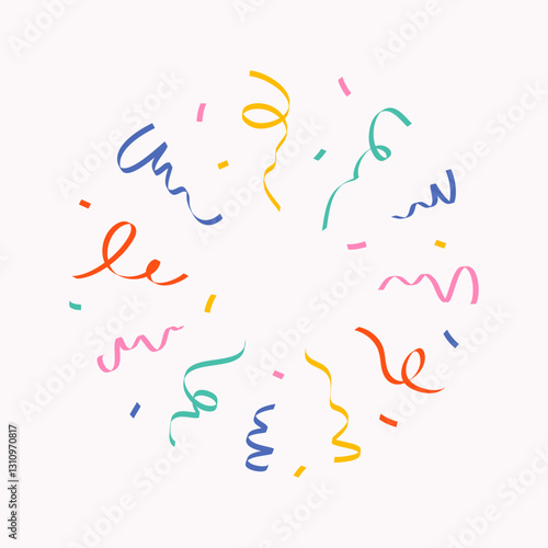 Explosion of confetti from multicolored curved lines, long ribbons, serpentine on light background, simple hand drawn illustration, flat style