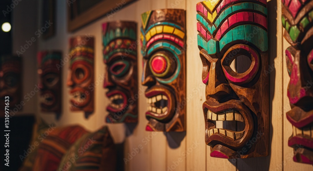 Fototapeta premium Colorful Carved Wooden Tiki Masks Decorating Wall As Cultural Art Pieces