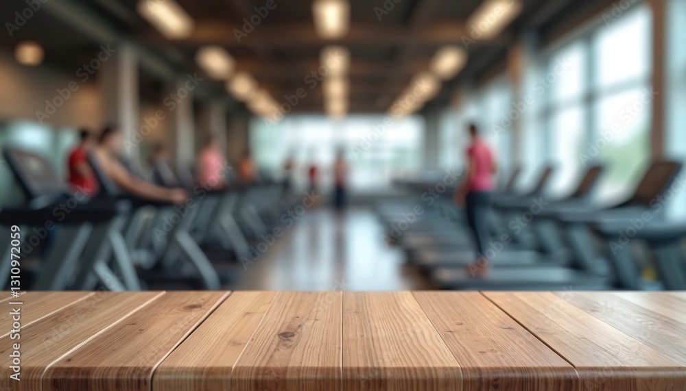 Wooden tabletop, blurred background of gym with treadmills, people. Surface with wood planks for product display, advertisement. Cardio equipment, health activity, healthy lifestyle, training, Wooden tabletop, blurred background of gym with treadmills, people. Surface with wood planks for product display, advertisement. Cardio equipment, health activity, healthy lifestyle, training,