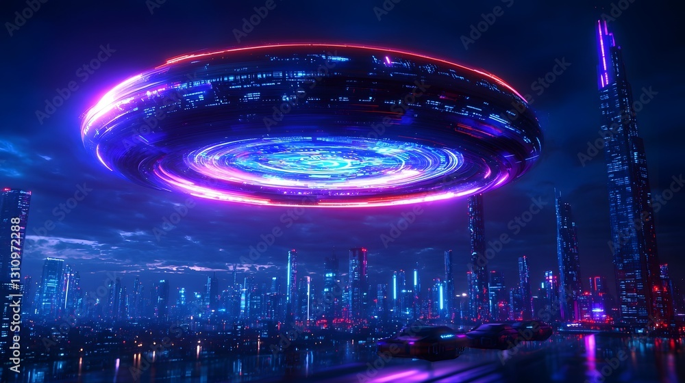 Fototapeta premium Futuristic Cityscape with Hovering Vehicles and Glowing Holograms