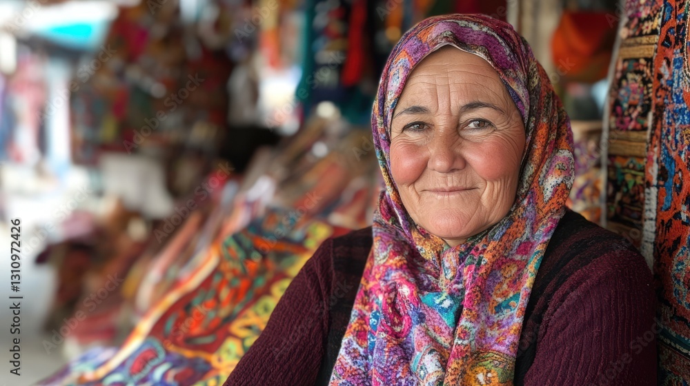 A smiling woman wears a patterned scarf looking directly at the camera A smiling woman wears a patterned scarf looking directly at the camera