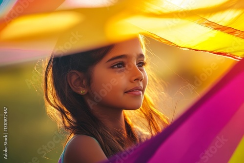 Elegant girl face close-up dancing with kite, kite fabric background.