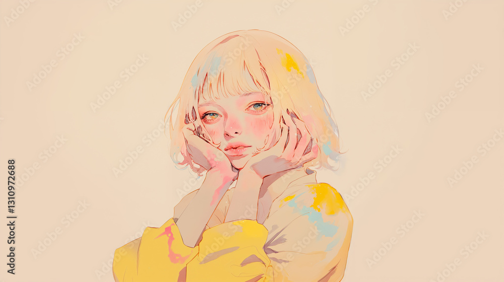 頬杖をつくクールで可愛い女性 頬杖をつくクールで可愛い女性