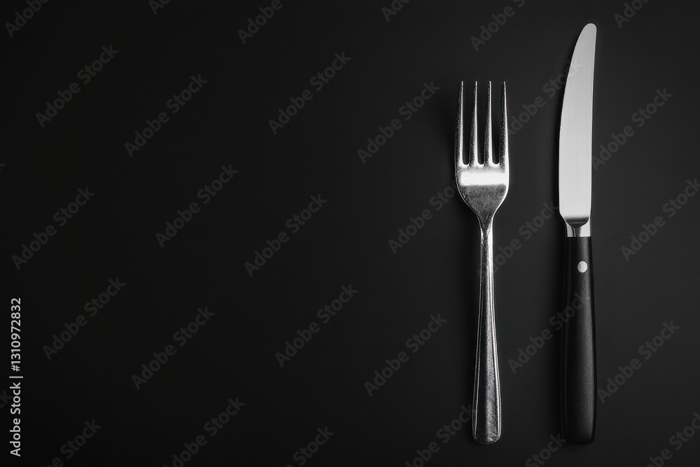 Cutlery arranged on a black background ready for a formal dining experience Cutlery arranged on a black background ready for a formal dining experience