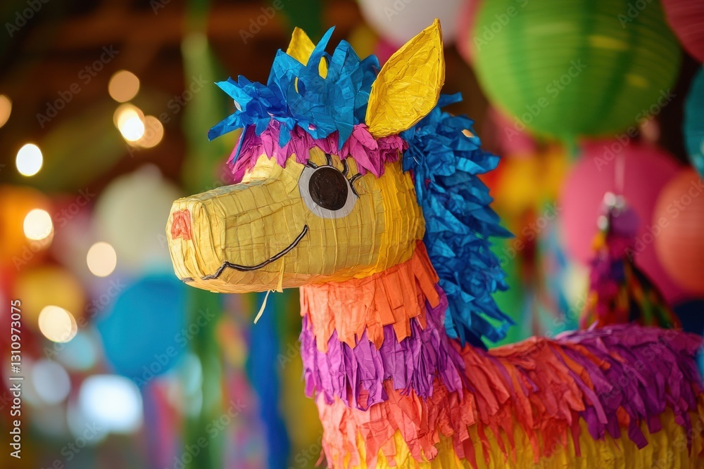 Colorful piñata in vibrant setting featuring bright decorations and festive atmosphere for celebration activities Colorful piñata in vibrant setting featuring bright decorations and festive atmosphere for celebration activities