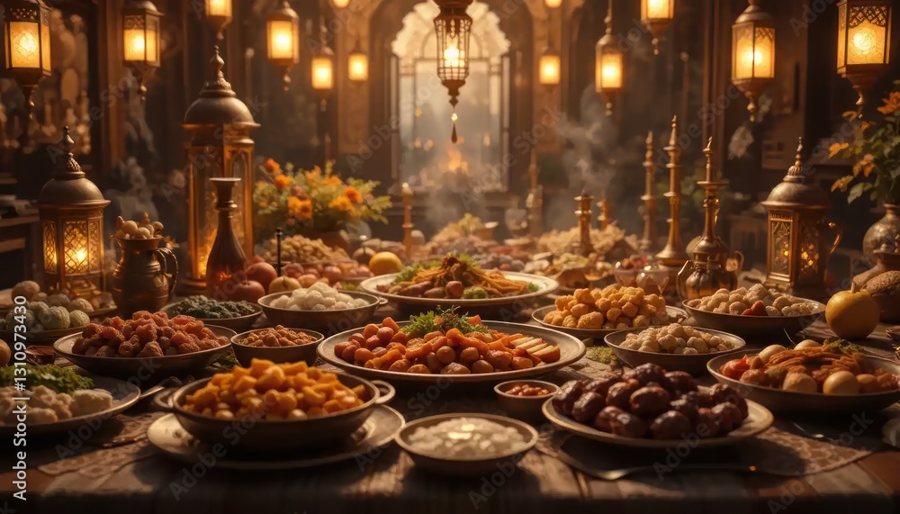 Naklejka premium A Lavish Medieval Feast: A Sumptuous Table of Dishes Under Golden Lanterns