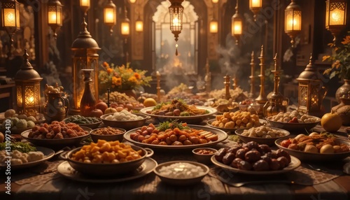 A Lavish Medieval Feast: A Sumptuous Table of Dishes Under Golden Lanterns