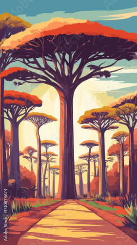 Retro Madagascar Travel Poster with Baobab Alley in Flat Minimalist Vector Style