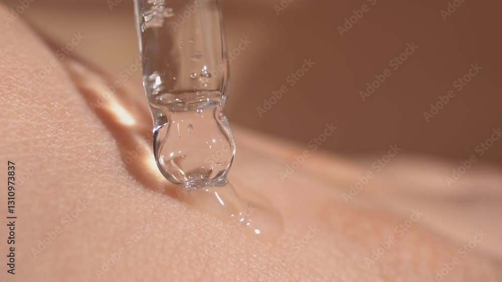 Close-up of a woman's hand with a dropper dripping moisturizing cosmetic product onto it