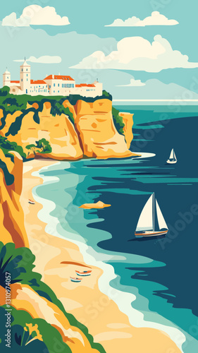 Retro Algarve Portugal Travel Poster with Scenic Coastal Landscape and Sailboats