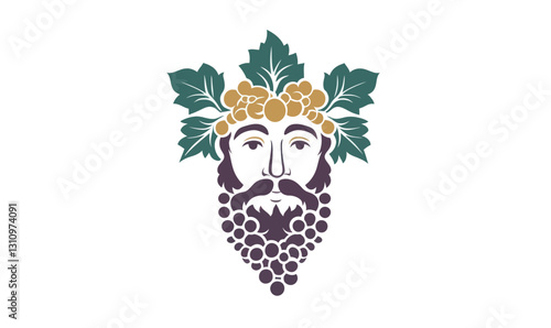 Bacchus Dionysus Face Logo with Grape and Leaves for Wineries Bars and Restaurants
