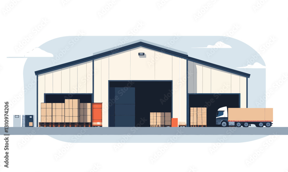 Fototapeta premium Minimalistic Vector Illustration of Warehouse with Loading Truck and Cargo