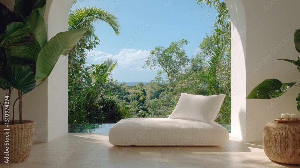 Luxurious outdoor lounge chair with tropical view.
