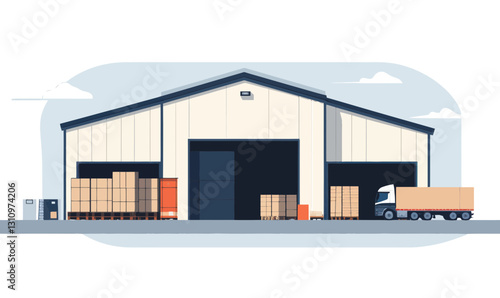 Minimalistic Vector Illustration of Warehouse with Loading Truck and Cargo