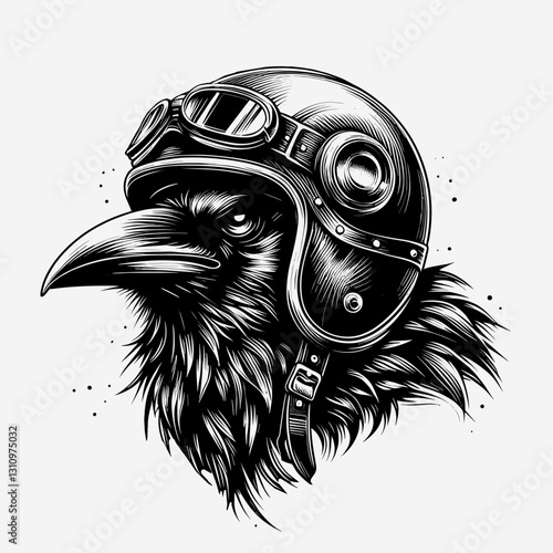 Raven in a Motorcycle Helmet - Bold Graphic Design
