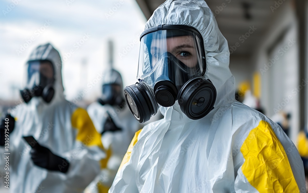 A group of individuals in protective gear, emphasizing safety in hazardous environments, showcasing teamwork and preparedness. A group of individuals in protective gear, emphasizing safety in hazardous environments, showcasing teamwork and preparedness.