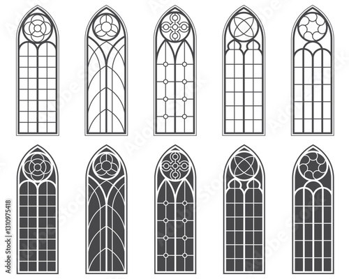Church windows with stained glass pattern. Cathedral vintage arches. Silhouettes of castle frames. Catholic borders set on white background. Vector decorative architecture elements