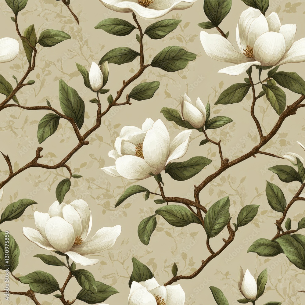 Elegant seamless pattern of white magnolia blossoms and branches on beige background. Elegant seamless pattern of white magnolia blossoms and branches on beige background.