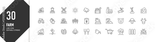 30 Farm and Agriculture Line Icons Set with Editable Stroke