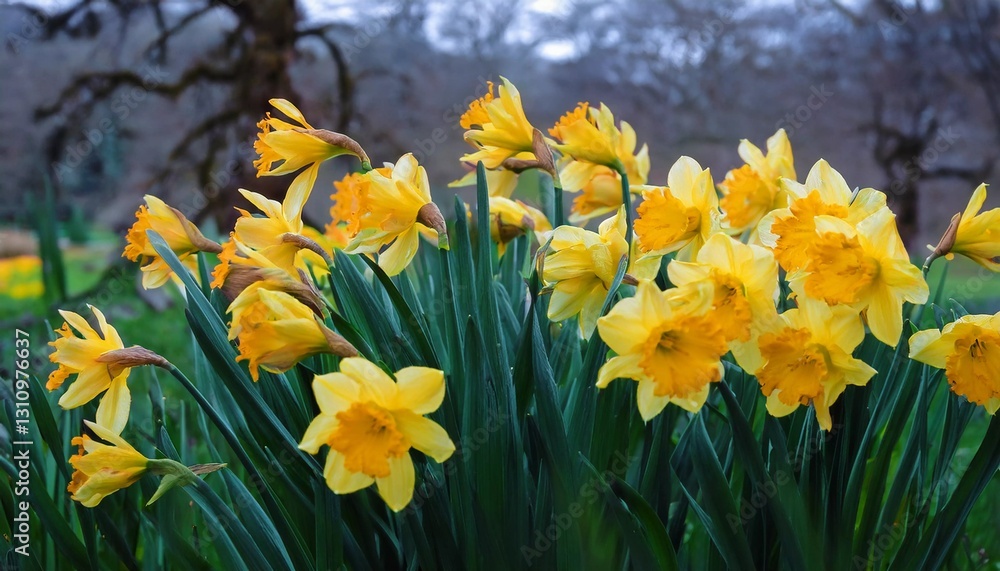 Fototapeta premium Bright yellow daffodils bloom in a lush spring meadow, creating a vibrant floral landscape. Fresh green leaves and a blurred background of trees enhance this natural, seasonal beauty. 